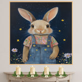 Cute Bunny in Overalls with Floral Shirt Hand Painted Art Whimsical Starry Night Scene Perfect for Home Wall Decor Nursery Kids Room Bedroom or Gift on Ready to Hang 1.5" Thick Canvas Wrap, Floating Framed Canvas, Flat Rolled Canvas